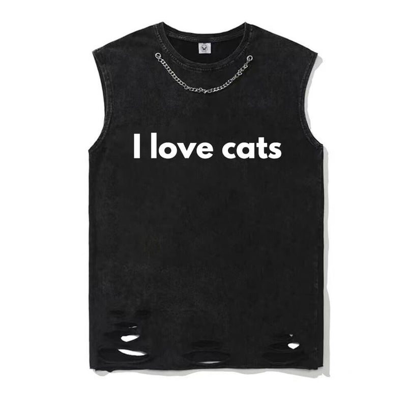 I Love Cats Vintage Washed Cotton Vest Top 01 | Gthic.com