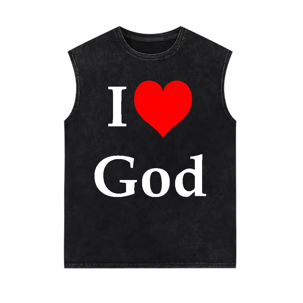 I Love God Print Vintage Washed Vest Top 01 | Gthic.com