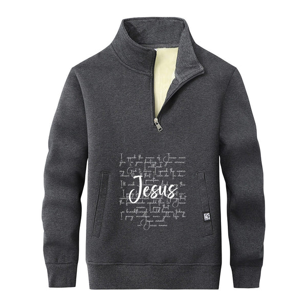 I Speak The Name Of Jesus Stand Collar Zip Sweatshirt | Gthic.com