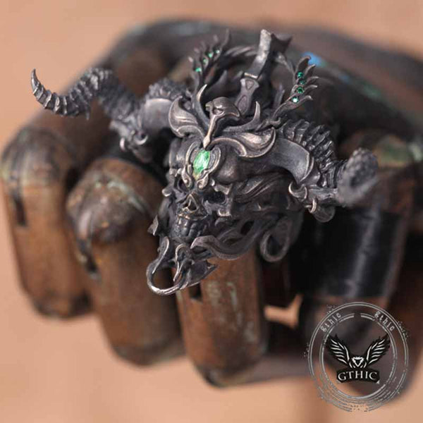 Imperial Horned Skull Gemstone Sterling Silver Ring 02 | Gthic.com