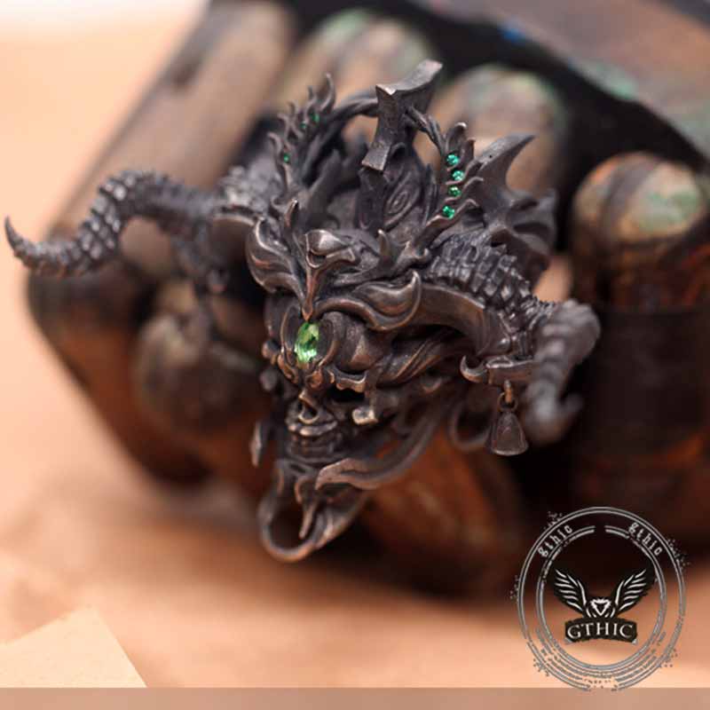 Imperial Horned Skull Gemstone Sterling Silver Ring 03 | Gthic.com