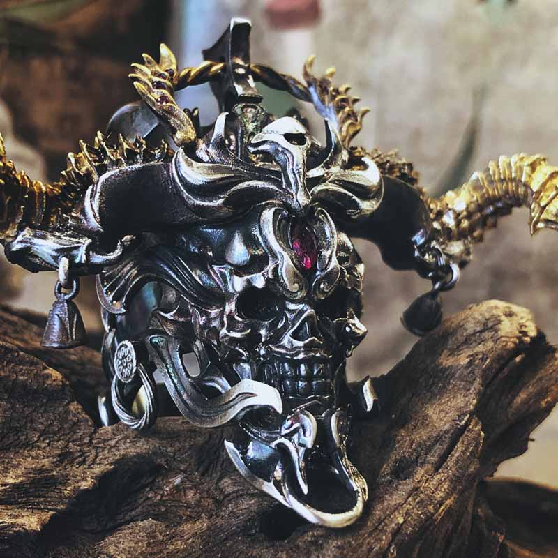 Bague tête de mort en argent sterling Geisha japonaise