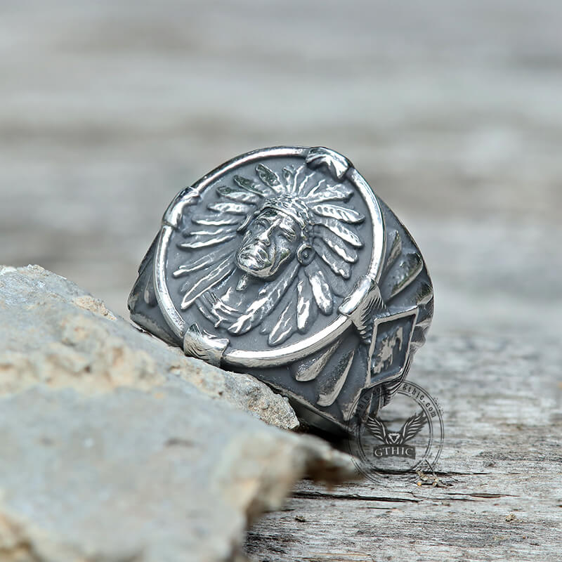 Indian Chief Feather Stainless Steel Ring | Gthic.com