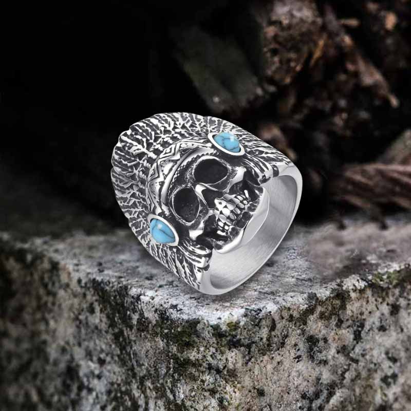 Indian Chief Skull Turquoise Stainless Steel Ring 01 | Gthic.com