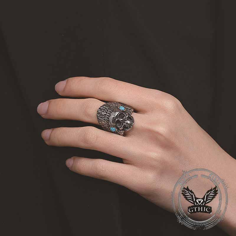 Indian Chief Skull Turquoise Stainless Steel Ring 02 | Gthic.com