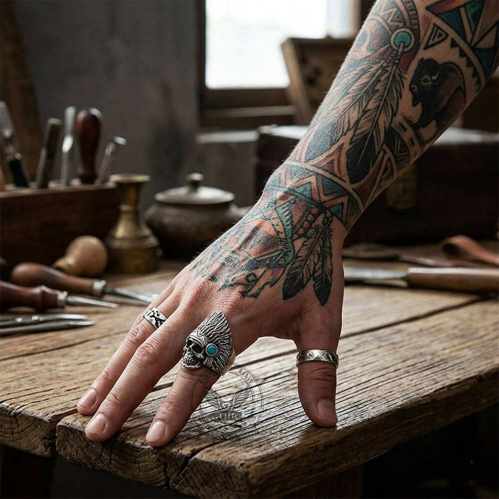Indian Chief Skull Turquoise Stainless Steel Ring | Gthic.com
