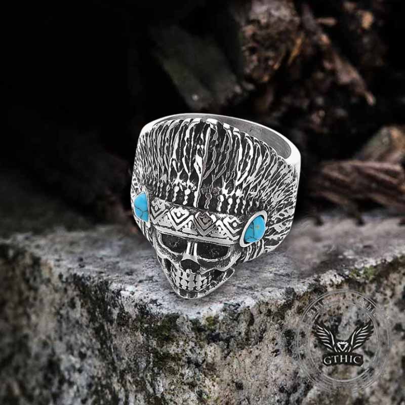Indian Chief Skull Turquoise Stainless Steel Ring 03 | Gthic.com