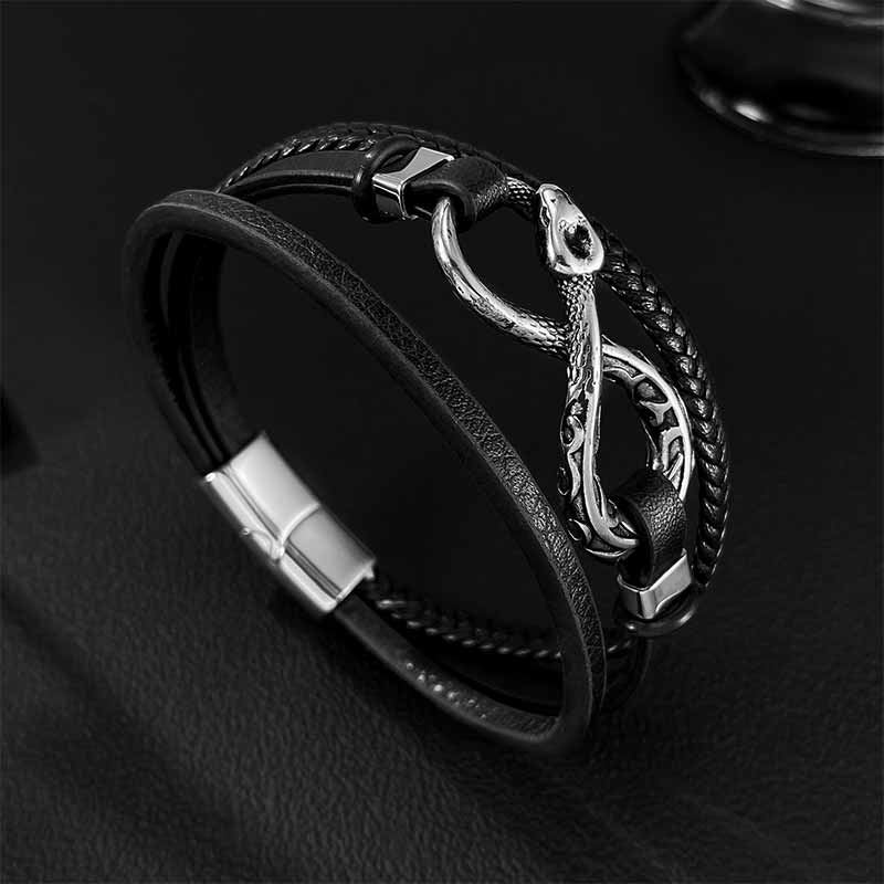 Infinity Ouroboros Stainless Steel Leather Bracelet 01 | Gthic.com