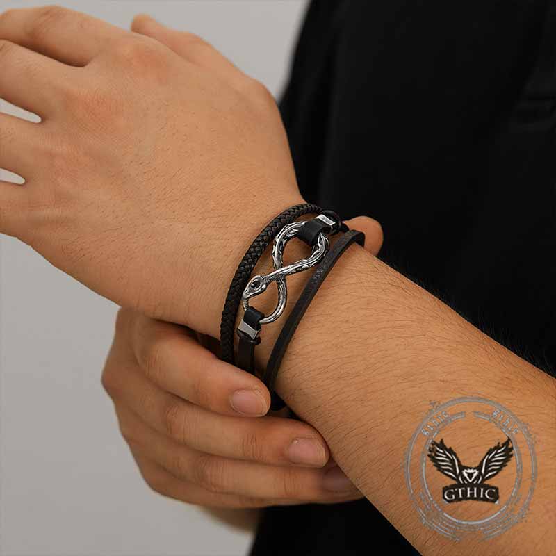 Infinity Ouroboros Stainless Steel Leather Bracelet 03 | Gthic.com