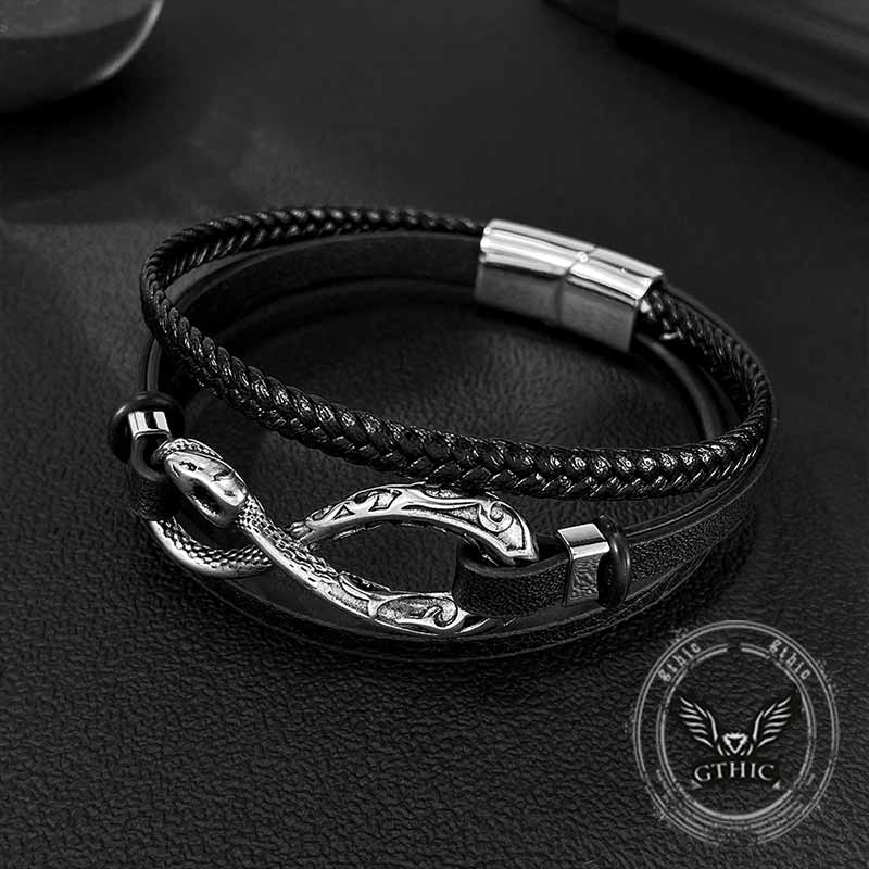 Infinity Ouroboros Stainless Steel Leather Bracelet
