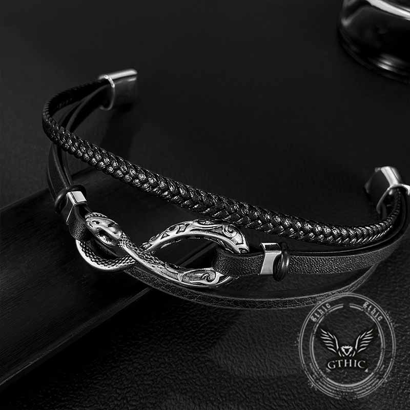 Infinity Ouroboros Stainless Steel Leather Bracelet