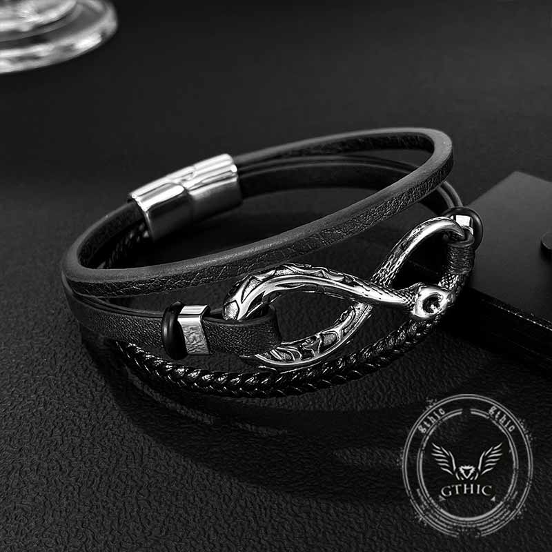 Infinity Ouroboros Stainless Steel Leather Bracelet