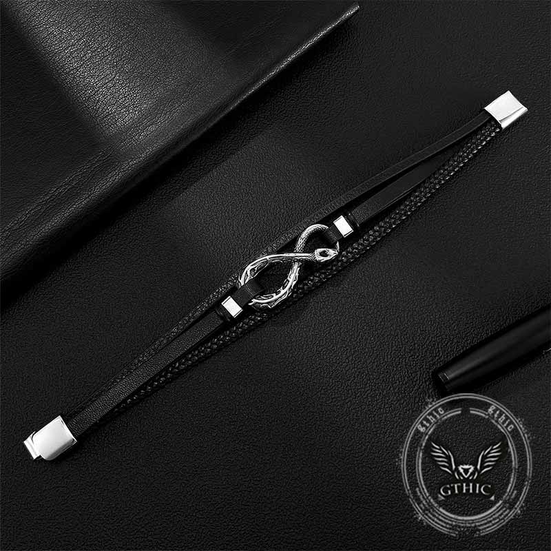 Infinity Ouroboros Stainless Steel Leather Bracelet