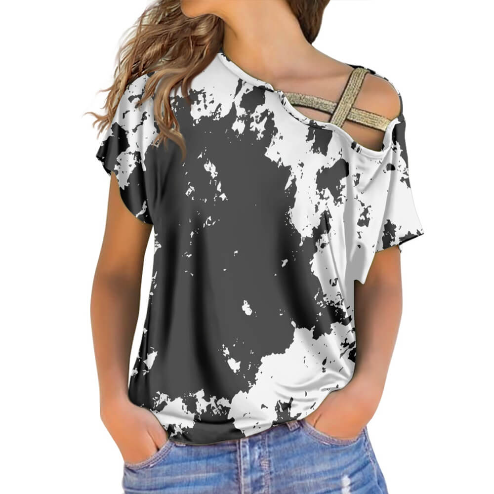 Ink-Splashed Gold Sequined Cross-Strap Off-Shoulder Top | Gthic.com