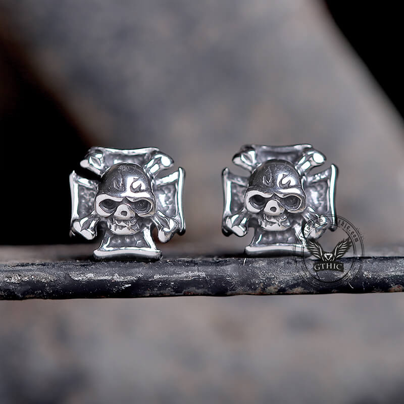 Iron Cross Stainless Steel Skull Stud Earring | Gthic.com