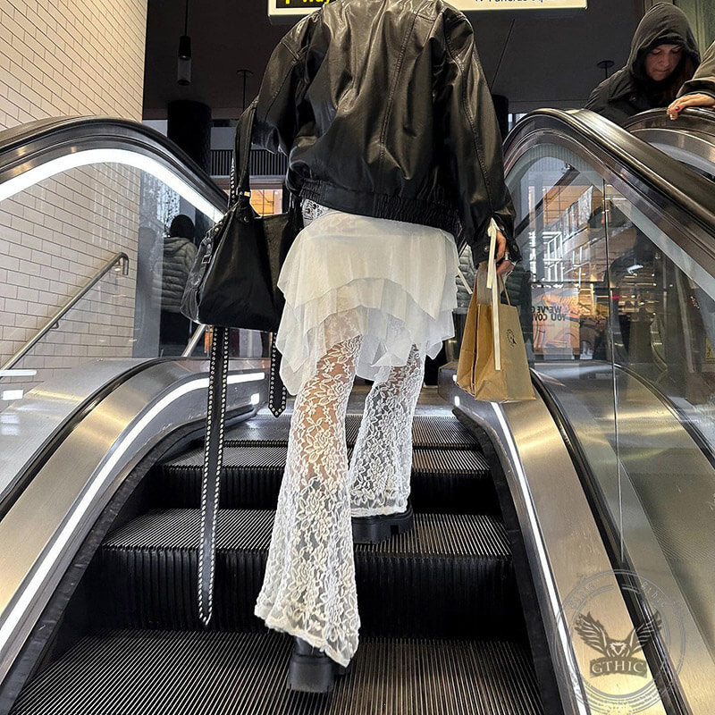 Irregular Mesh Patchwork Lace Skirt Over Pants | Gthic.com