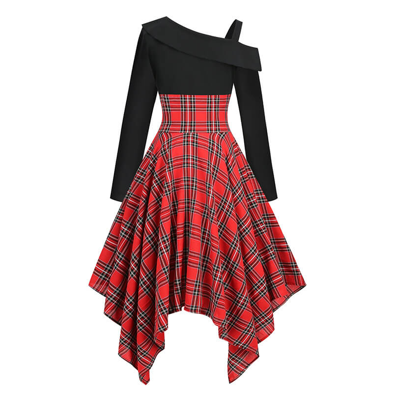 Irregular Plaid Lace Up One Shoulder Dress GTHIC Irregular Plaid Lace Up One Shoulder Dress GTHIC