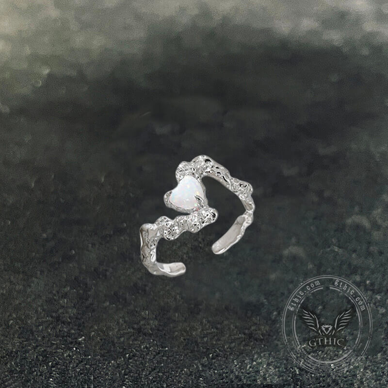 Irregular Surface Opal Inlay Sterling Silver Open Ring | Gthic.com