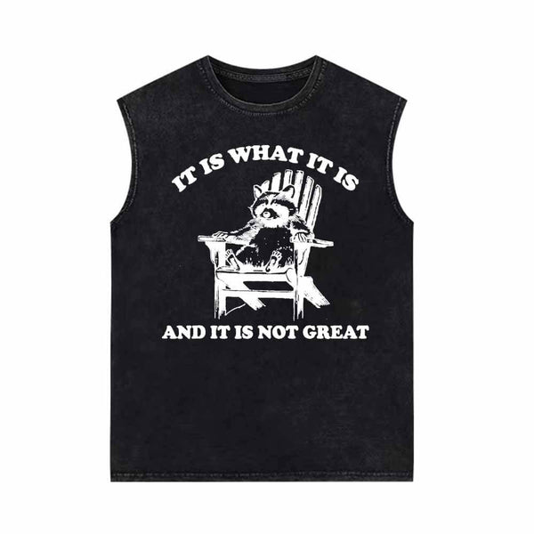 It Is What It Is Raccoon Print Vintage Washed Vest Top 01 | Gthic.com