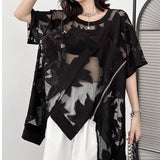 Jacquard Lace See-Through Asymmetric Loose Top