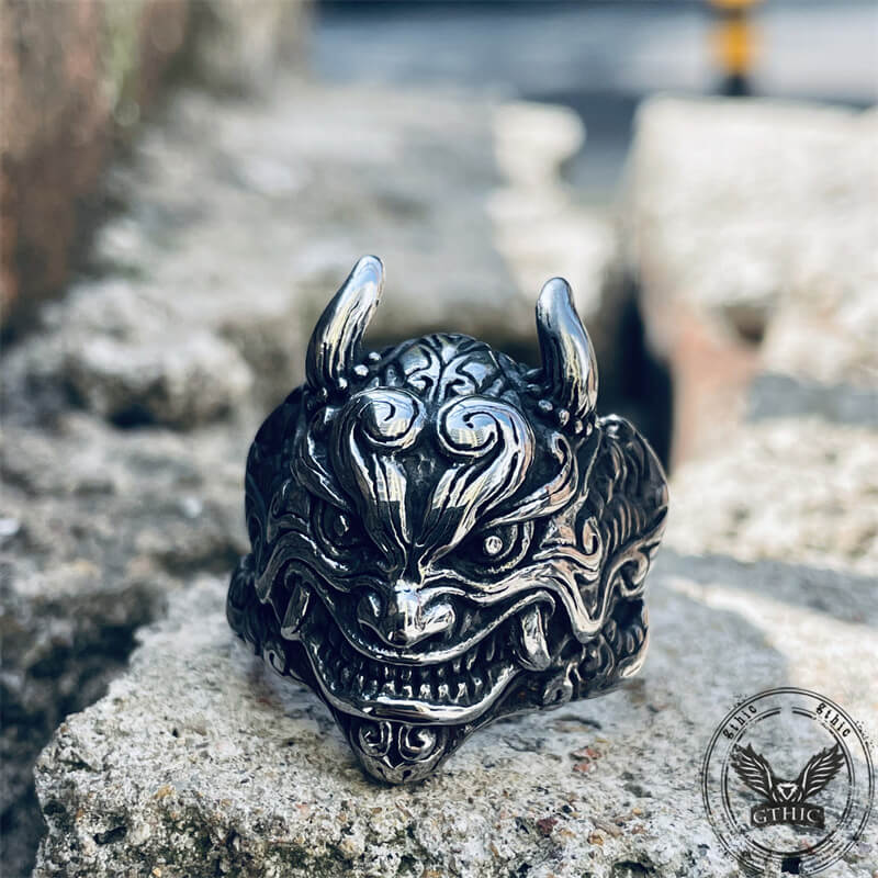 Japanese Demon Oni Stainless Steel Ring 02 | Gthic.com