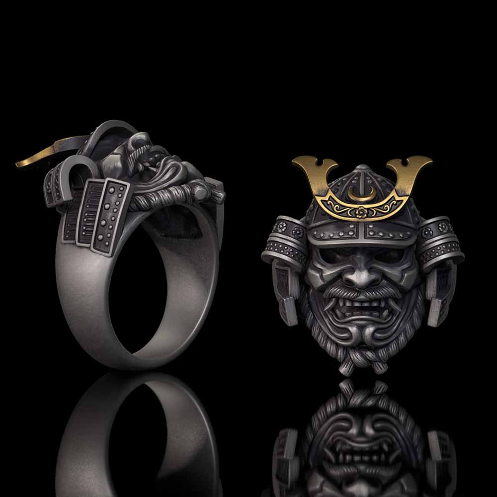 Japanese Mask Samurai Helmet Sterling Silver Ring | Gthic.com