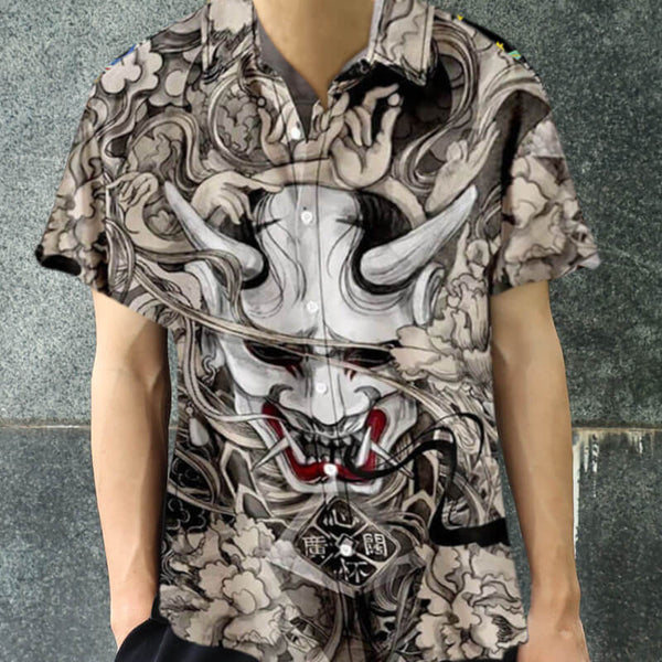 Camisa de poliéster con estampado japonés Oni