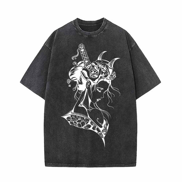 Japanese Samurai Geisha Vintage Washed T-shirt 01 | Gthic.com