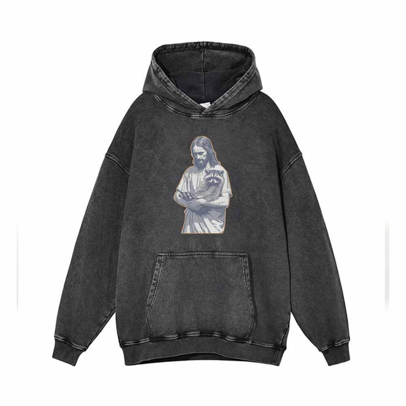 Jesus Hold Raccoon Vintage Washed Hoodie 01 | Gthic.com