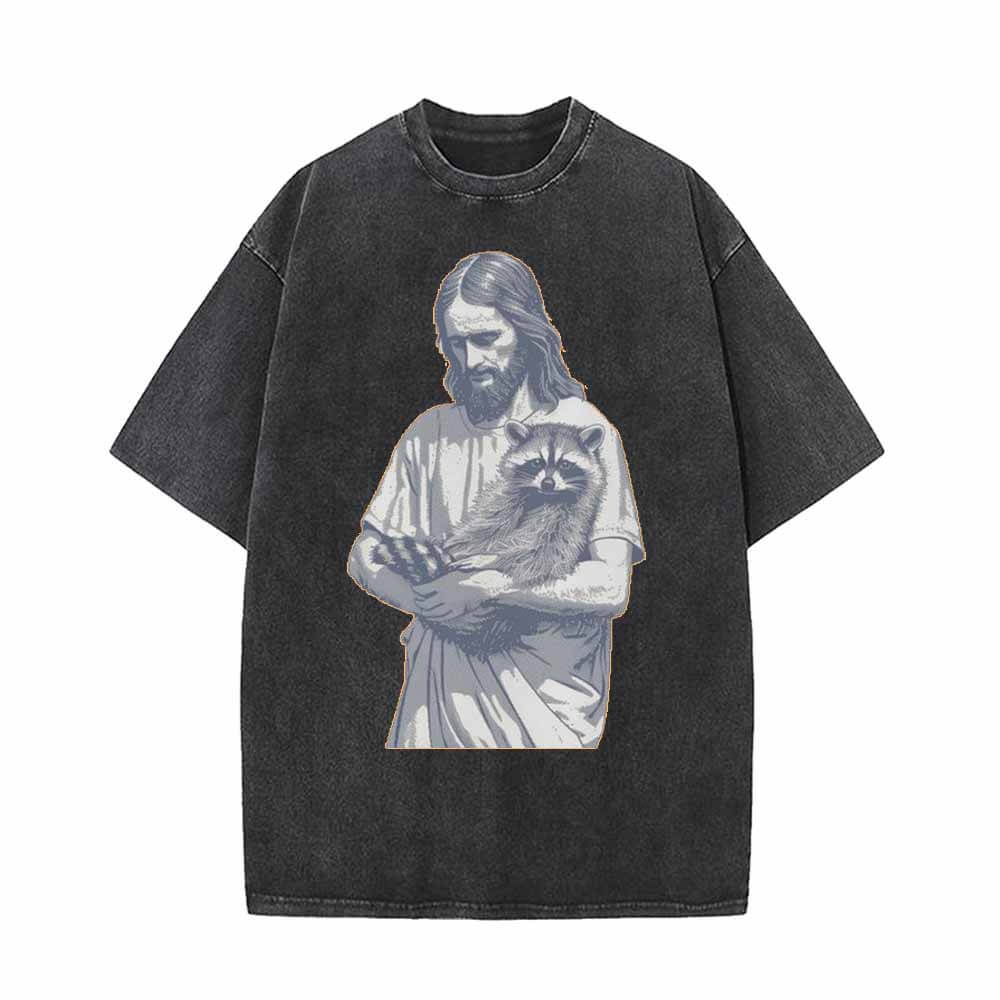 Jesus Hold Raccoon Vintage Washed T-shirt 01 | Gthic.com