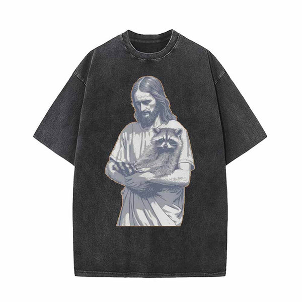 Jesus Hold Raccoon Vintage Washed T-shirt 01 | Gthic.com