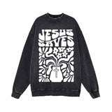 Jesus Saves Floral Cross Vintage Washed Sweatshirt 01 | Gthic.com