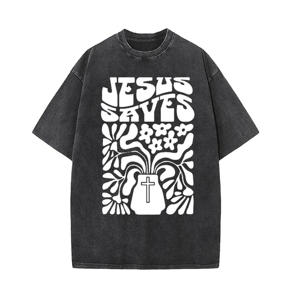 Jesus Saves Floral Cross Vintage Washed T-shirt 01 | Gthic.com