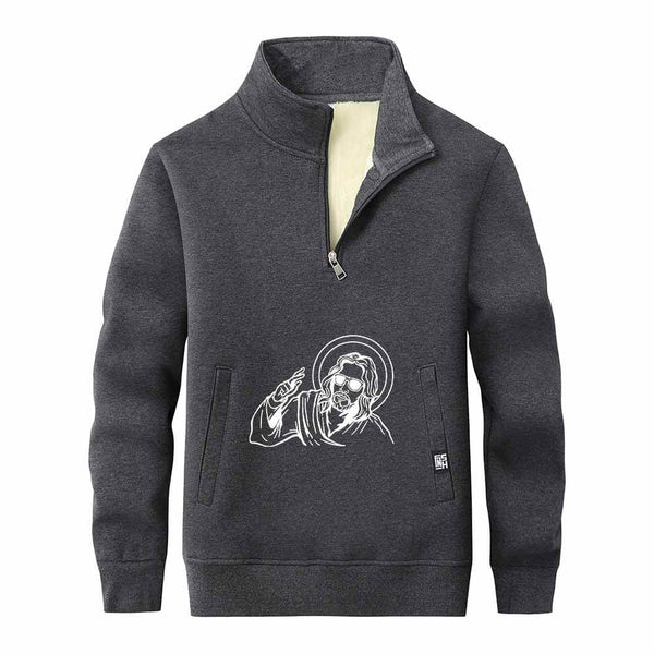 Jesus Wearing Sunglasses Stand Collar Zip Sweatshirt 02 | Gthic.com