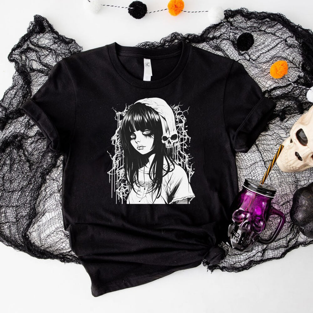 Kawaii Goth Girl Round Neck Short Sleeve T-shirt | Gthic.com