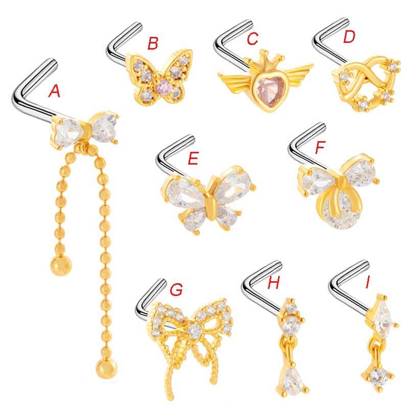 L Rod Bow Inlaid White Zircon Stainless Steel Nose Ring  01 | Gthic.com