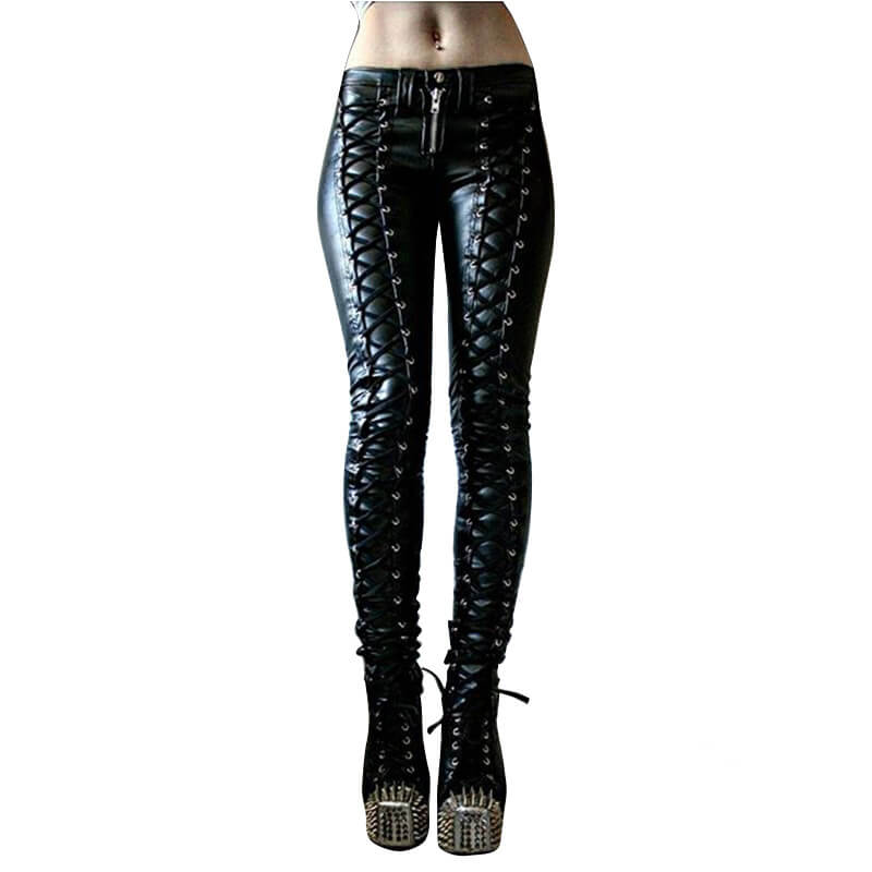 Lace-up Studded Skinny Leather Pants | Gthic.com
