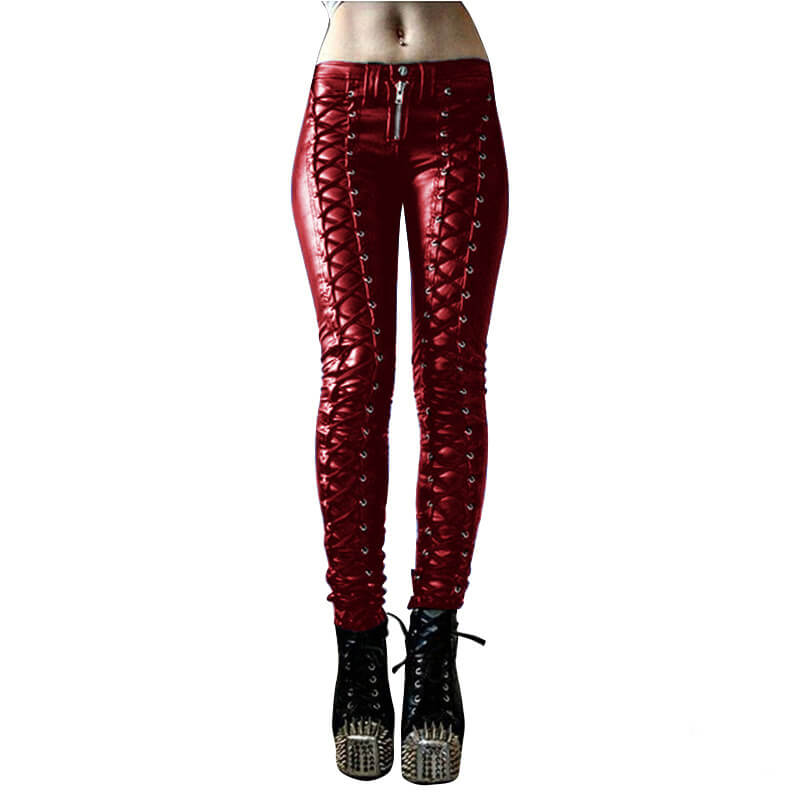 Lace-up Studded Skinny Leather Pants | Gthic.com