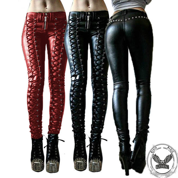 Lace-up Studded Skinny Leather Pants | Gthic.com