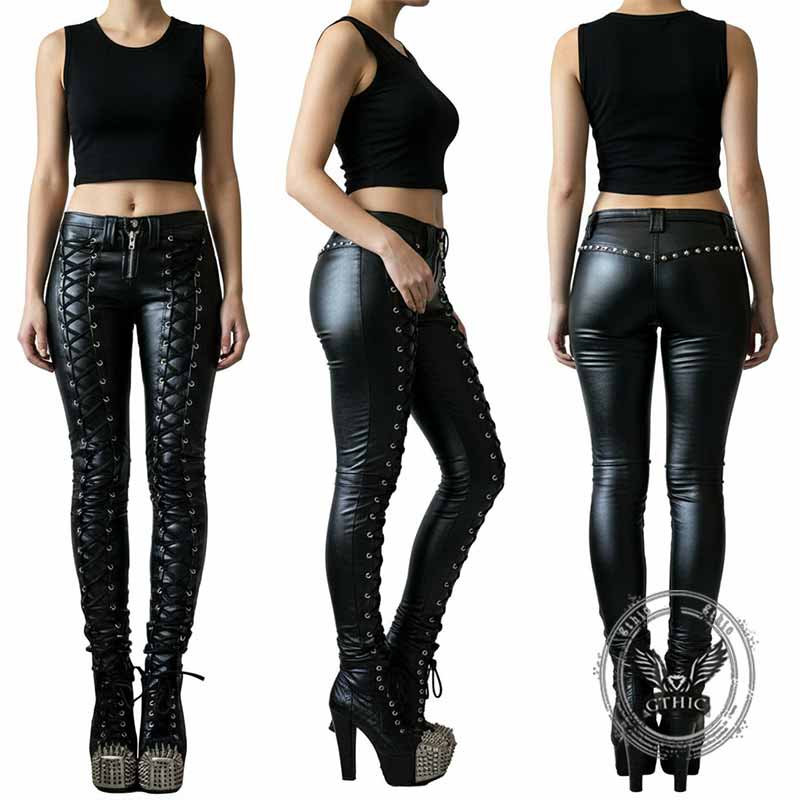 Lace-up Studded Skinny Leather Pants | Gthic.com