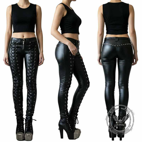 Lace-up Studded Skinny Leather Pants | Gthic.com