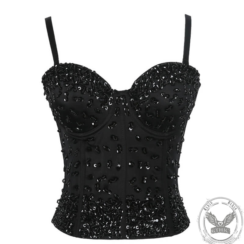 Lace Beaded Crystal Rhinestone Bustier Corset Crop Top | Gthic.com