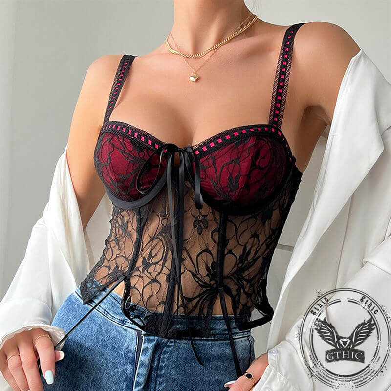 Lace Patchwork See-Through Bustier Top