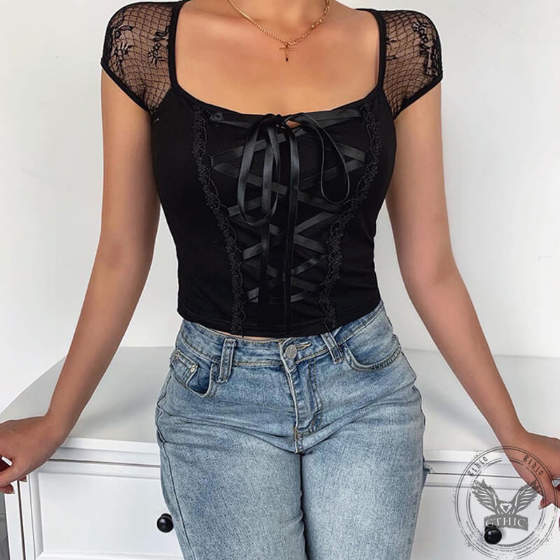 Lace Patchwork Strappy Crop Top