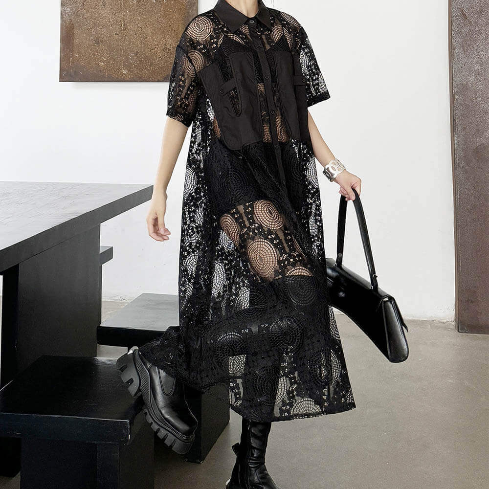 Lace Polo Collar See-Through Loose Shirt Dress | Gthic.com