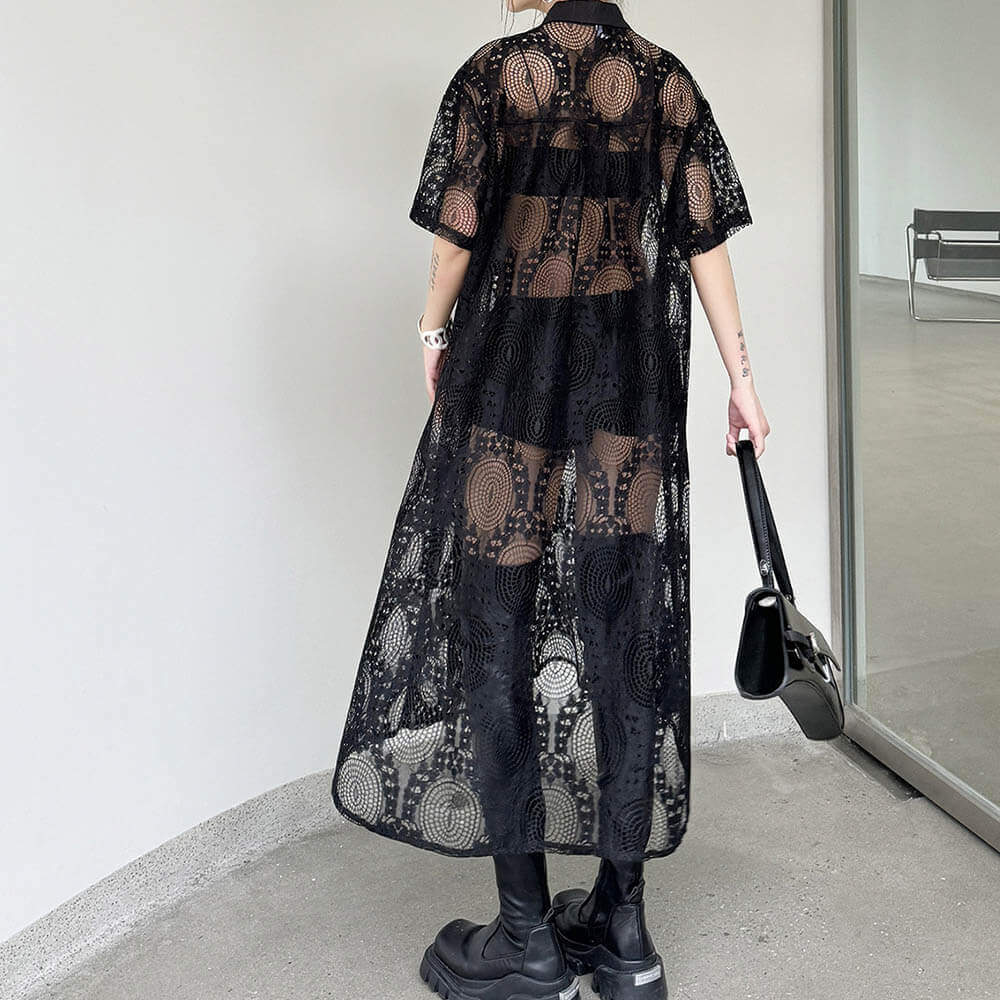 Lace Polo Collar See-Through Loose Shirt Dress | Gthic.com