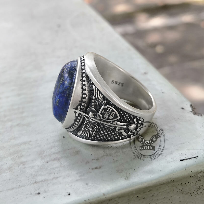 Lapis Lazuli Archangel Michael Sterling Silver Gemstone Ring | Gthic.com