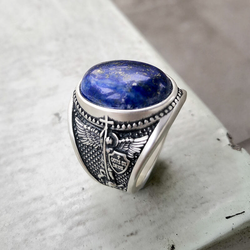 Lapis Lazuli Archangel Michael Sterling Silver Gemstone Ring | Gthic.com