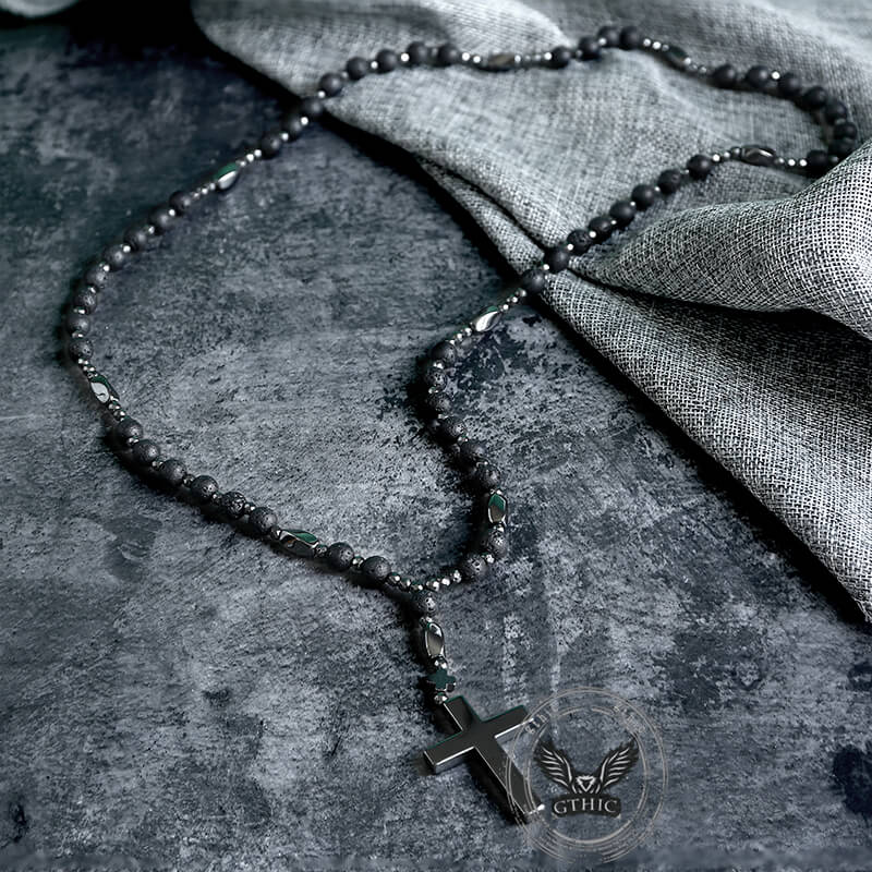 Latin Cross Stone Bead Biker Rosary Necklace