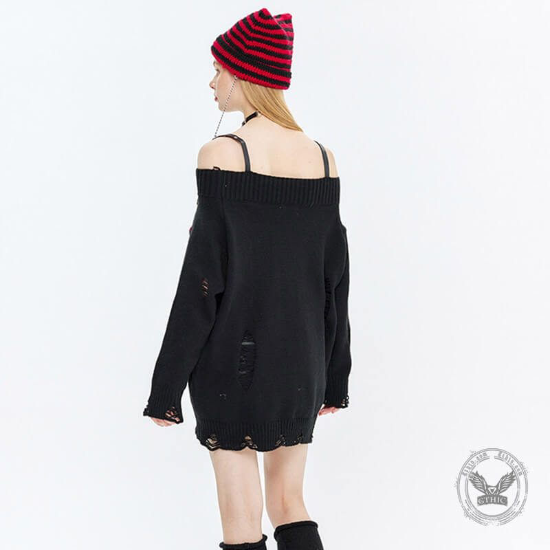 Leather Strap One Shoulder Loose Sweater